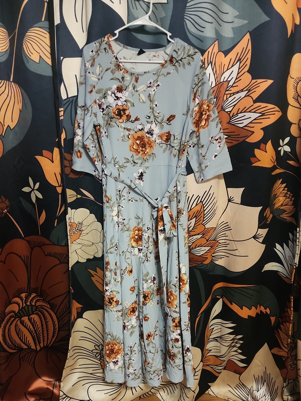 SHEIN Light Blue Floral Midi Dress with Tie Waist
